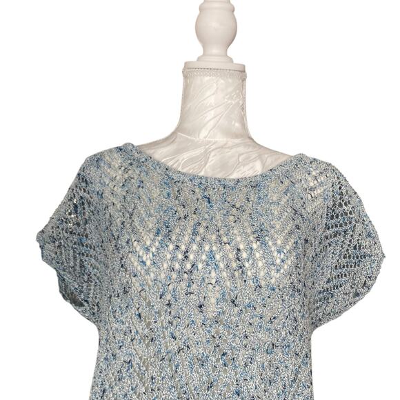 Lucky Brand Blue White Open Knit Scoop Neck Boho Knit Sweater Shirt Size Medium - Picture 5 of 16